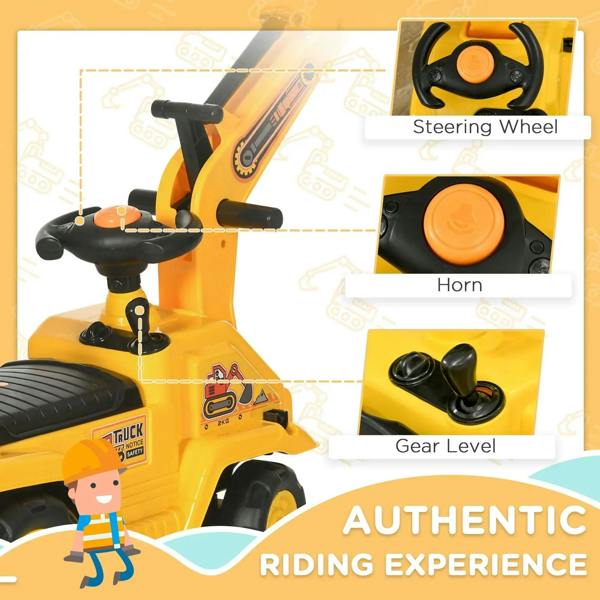 Yellow ride-on excavator tractor pull cart featuring steering wheel, horn, and gear level