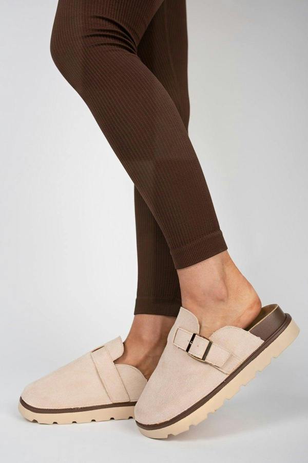 Serelina Chunky Sole Flat Slip-on Buckle Sliders - Camel