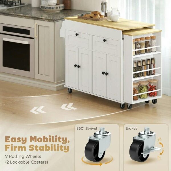 Rolling Kitchen with Expandable Top, Kitchen Island on Wheels with USB Ports & Power Outlets, Storage, White