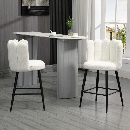 Wyld Haus Ettine Scallop Boucle Cream Upholstered Bar Stools Set Of 2 With Steel Base And Footrest