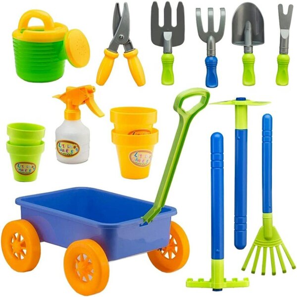 deAO Toys deAO Pull along Kids Wagon Wheelbarrow and Gardening Tools Play Set Includes 10 Accessories