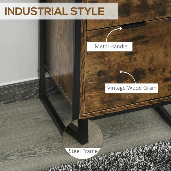 Close-up: black metal handle on rustic brown 3-drawer dresser with steel frame.