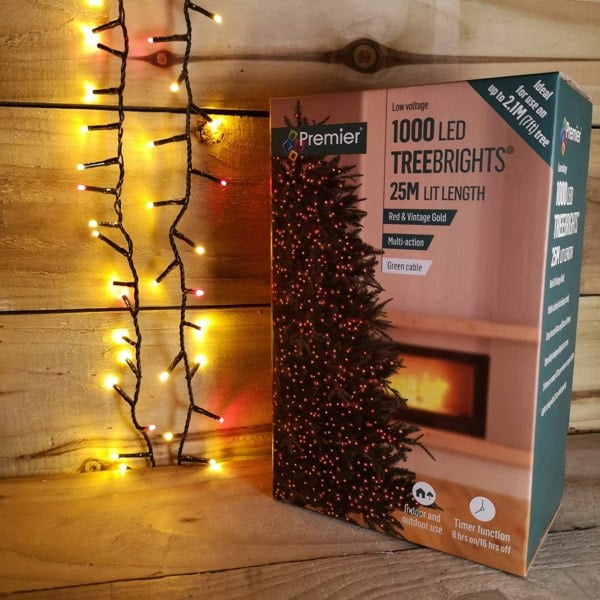 Samuel Alexander 1000 LED 25m Premier TreeBrights Indoor Outdoor Christmas Multi Function Mains Operated String Lights with Timer in Red & Gold