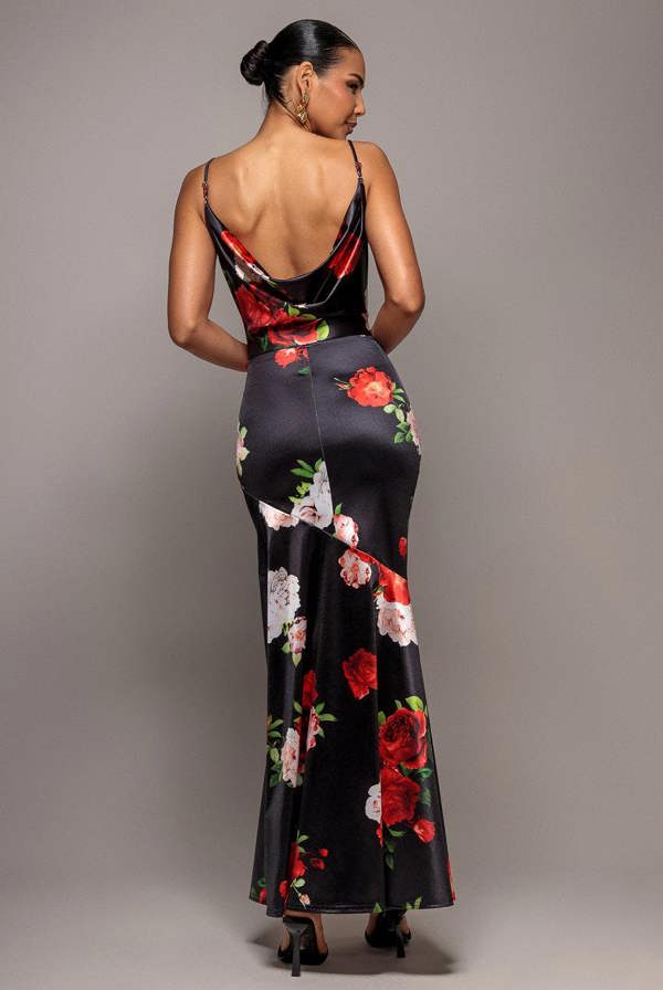 Floral Print Satin Cowl Neck Maxi Dress - Black DR5191