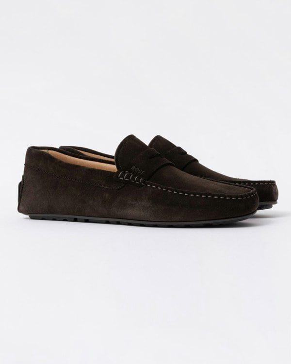 BOSS Orange Noel Mens Suede Driving Moccasins - Dark Brown 201 - CHO - Designer Mens Shoes