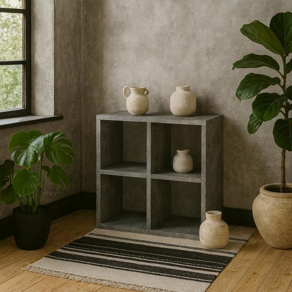 Wyld Haus Driftstone Concrete Effect Grey Wood 4 Cube Bookshelf Storage Unit