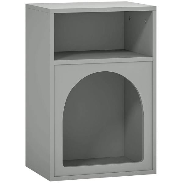 Grey bedside table with 2 open compartments, top cabinet and arched lower open shelf