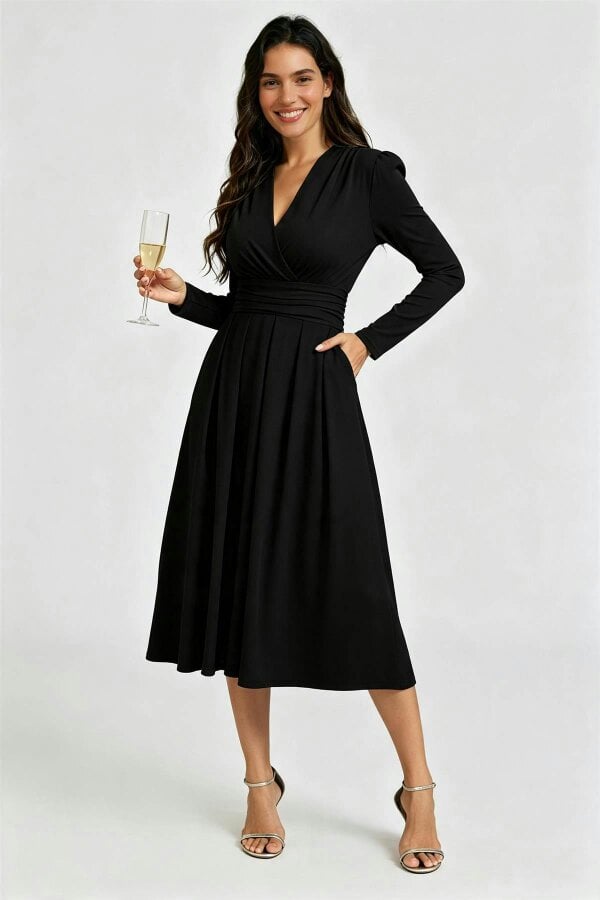 FS Collection Jersey Long Sleeve Midi Dress In Black