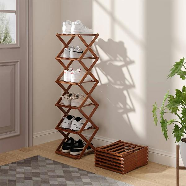 Living and Home 6 Tier Bamboo Folding Shoe Rack Shoe Storage Organiser - Walnut