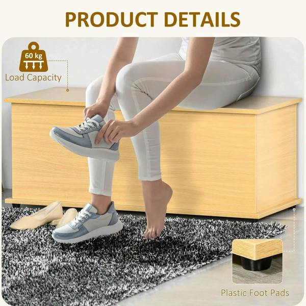 Burlywood storage chest with flip-top lid; plastic foot pads for stable floor support