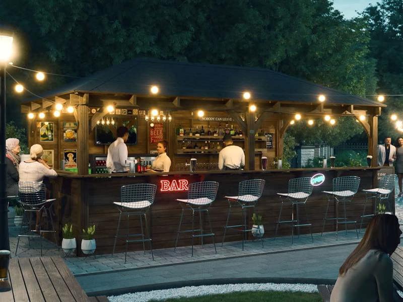 Dunster House Garden Bar Wooden Outdoor Bar Gazebo Full Length Counter 6m x 3m Roof Shingles Leviathan