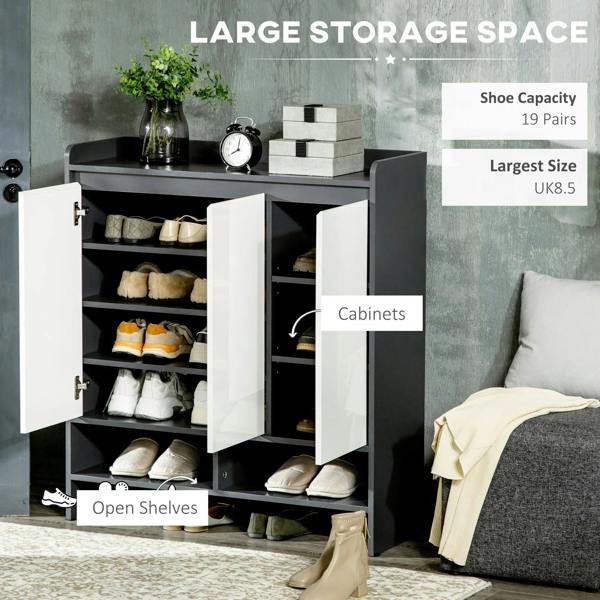 Grey shoe cabinet with white doors and multiple interior cubby shelves for shoes
