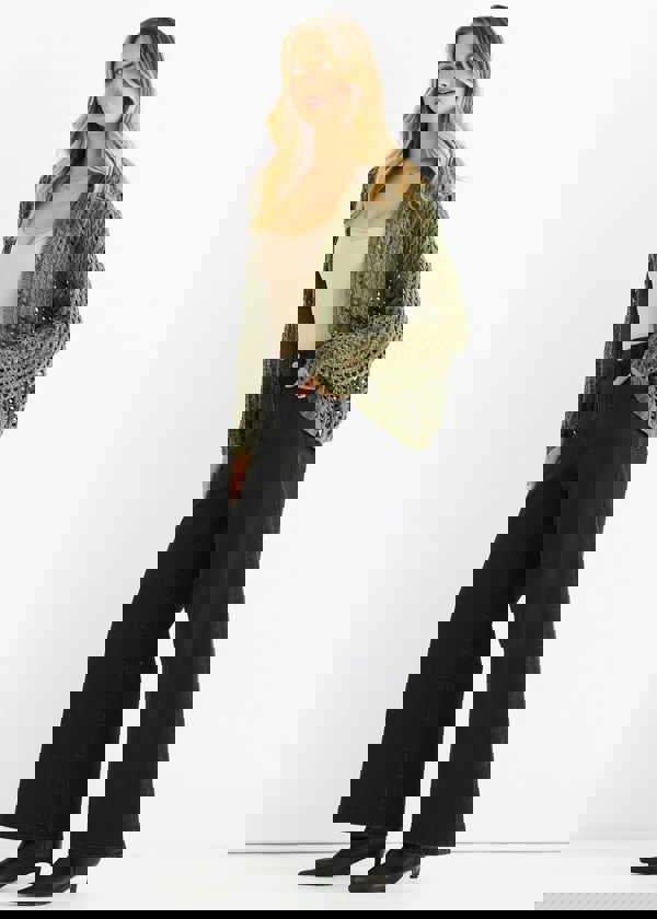 Gini London Khaki Open Knit Edge to Edge Cardigan