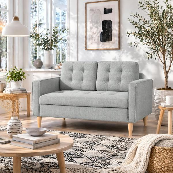Wyld Haus Pamo Fabric Light Grey Compact 2 Seater Sofa With Hidden Storage Tufted Seat And Wooden Legs