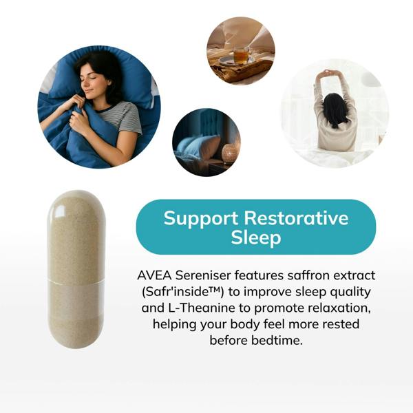 AVEA Sereniser (60 Capsules) - Natural Sleep Support - L-Theanine, Magnesium & Vitamin B6 - Deeper Sleep & Boosted Morning Alertness - Vegan Friendly