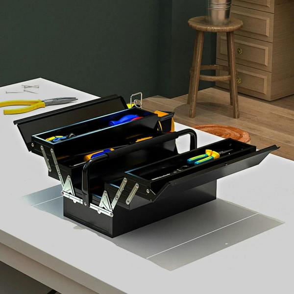 Black metal toolbox open with five-tray layout holding colorful tools