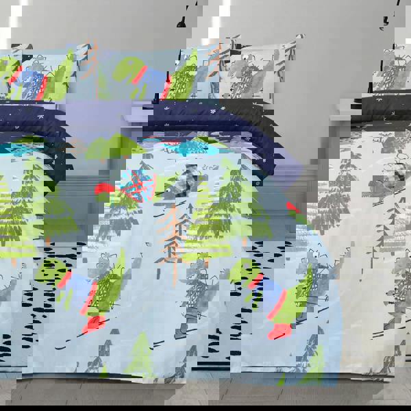 Smart Living Fun & Cosy Kids' Duvet Cover with Pillowcase & Fitted Sheet-Complete-Set - DINO SKIING