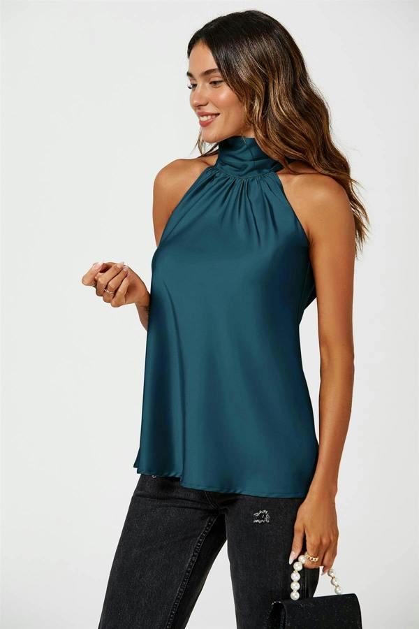 FS Collection Satin Halter Neck Tie Back Top In Teal