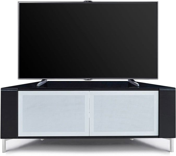 MDA Designs CORVUS Corner-Friendly Gloss Black Contemporary Cabinet with Black Profiles White BeamThru Glass Doors for Flat Screen TVs up to 50"