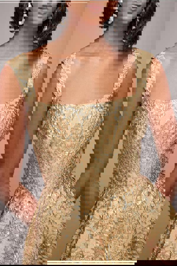 Corset Balloon Skirt Lace Up Back Mini Dress - Gold DR4778