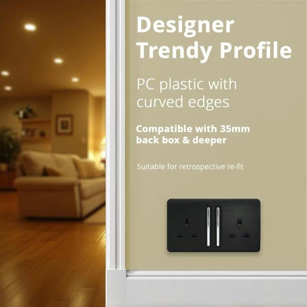 Trendi Switch 2 Gang Long Switched Plug Socket in Piano Black