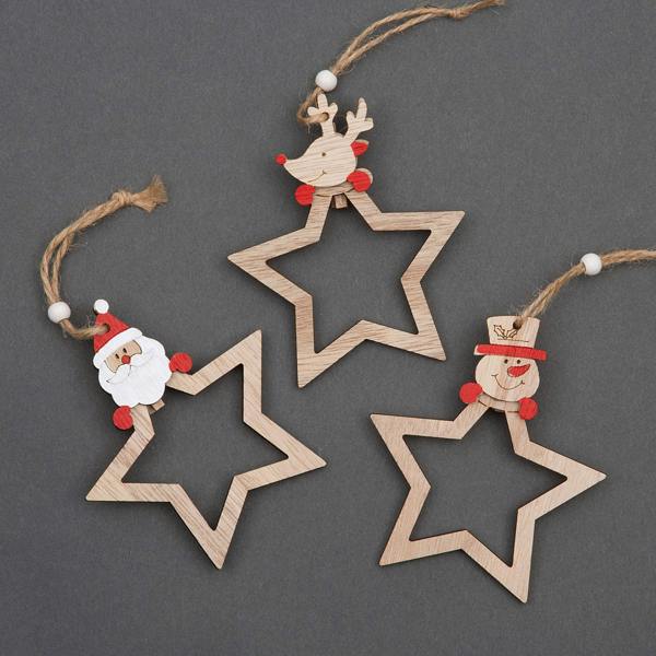 3 Piece Wooden Star Hanging Christmas Decorations with Twine String, Natural Finish image 1
