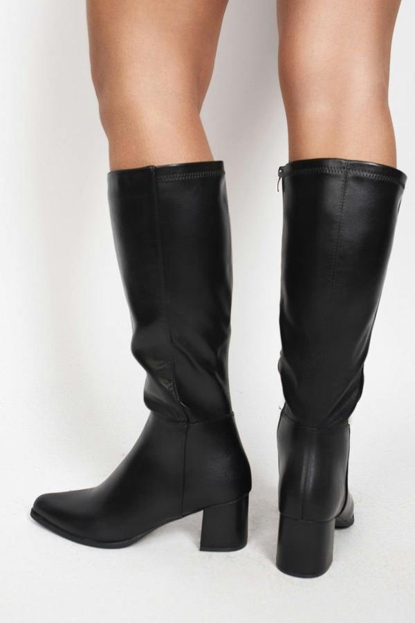 Ardina Suede Knee High Block Heel Boots - Black Pu