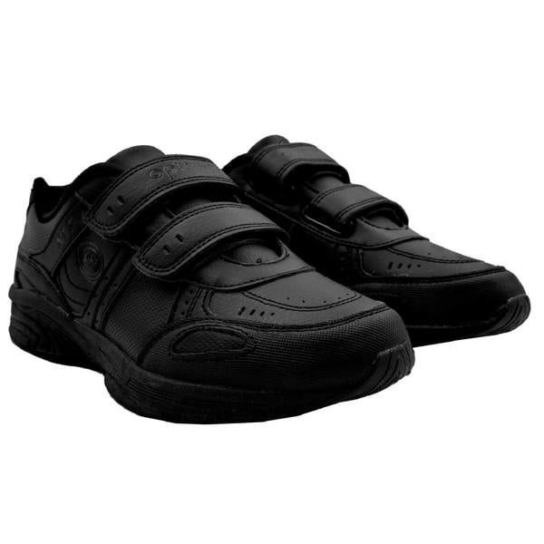 Pair of black Optimum X17 velcro-strap school trainers, angled view on white - Optimum