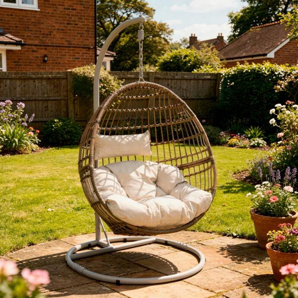 Dellonda Egg Hanging Swing Chair, Wicker Rattan Basket, Steel Frame, Single - DG60