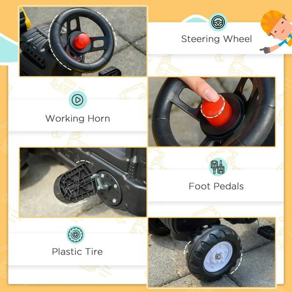 Ride-on construction tractor controls: steering wheel, working horn, foot pedals