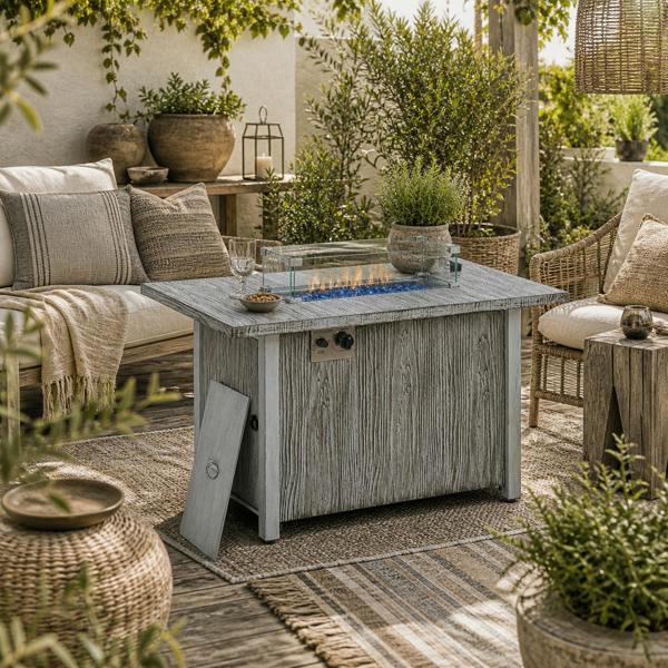 Wyld Haus Zisefasu Steel Grey Wood Effect Gas Fire Pit Table with Cover And Glass Screen