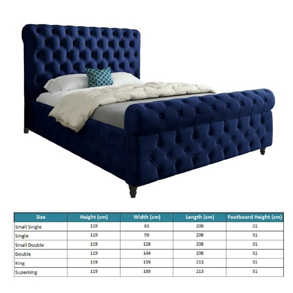 Casa Magna Savana Sleigh Upholstered Soft Velvet Bed Frame - Blue