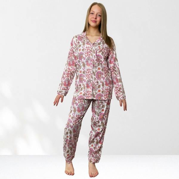 Hayley & Co Block Print Floral 100% Cotton Long Pyjama Set in White and Pink