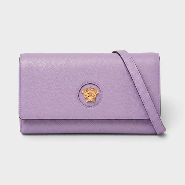 Versace Medusa Leather Long Wallet On Strap Bag Gold Lilac Purple