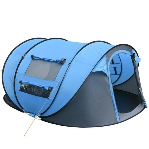Sky blue and dark gray pop-up dome camping tent with zip door and window panels