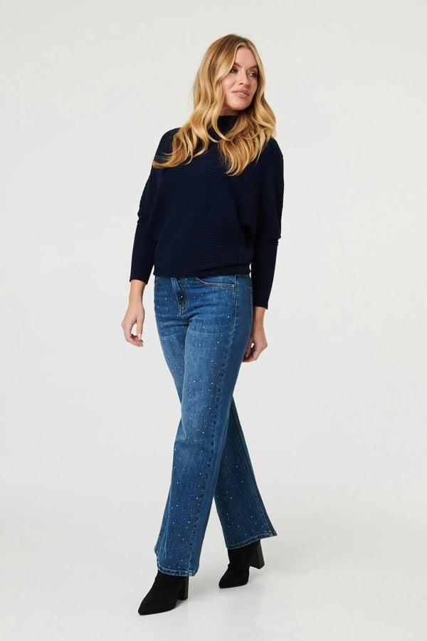 Blue | Diamante Embellished Straight Fit Jeans
