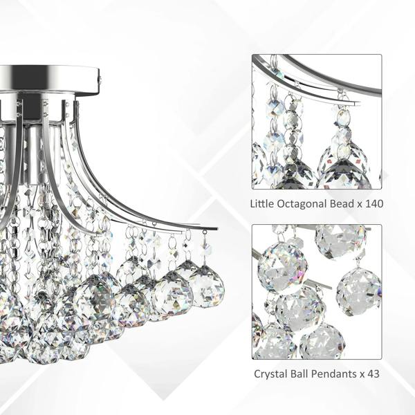 Crystal chandelier detail showing clear bead-like pendants on chrome arm supports