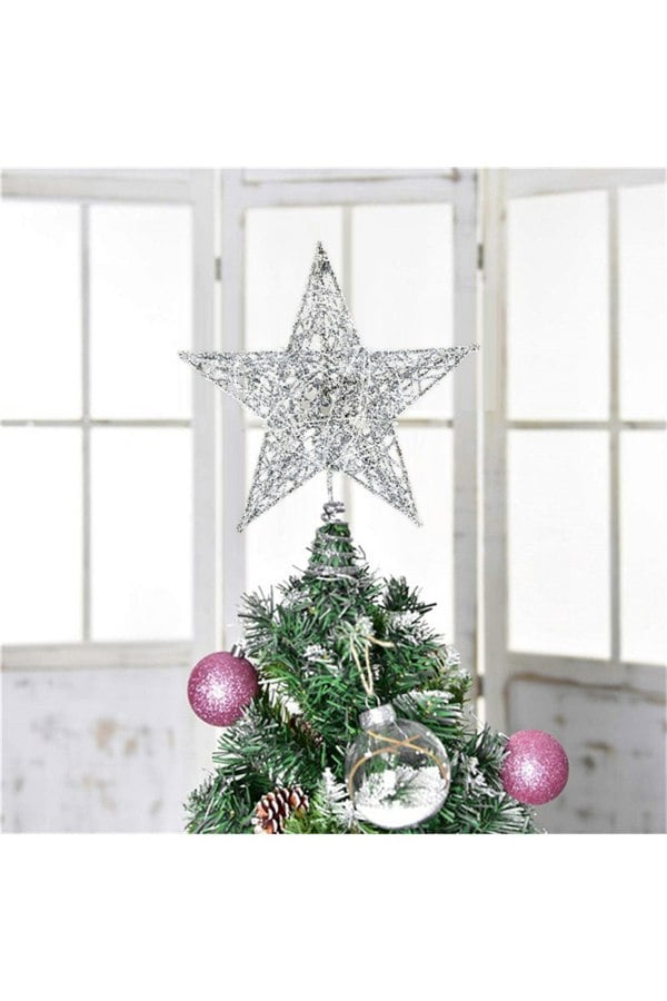 Living and Home 25cm Christmas Tree Topper Silver Glitter Christmas Tree Star with LED Lights