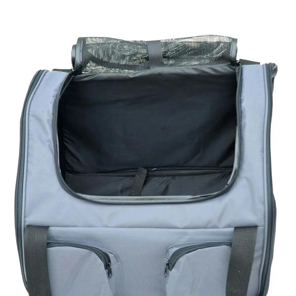 Grey pet carrier bag interior view with mesh window roll-up and front storage pocket