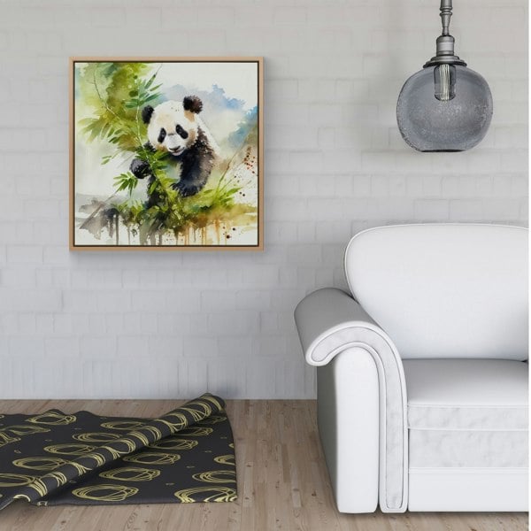 Warren Reed Panda Eating Bamboo Watercolour Framed Canvas