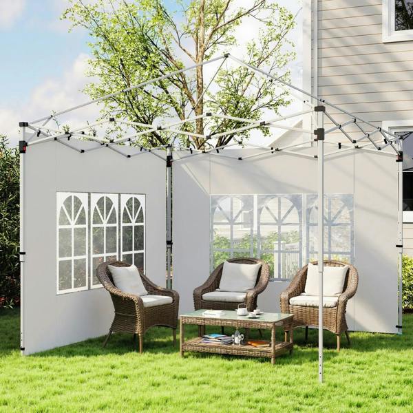 White gazebo side panels with window sections on a pop-up frame, set in a backyard