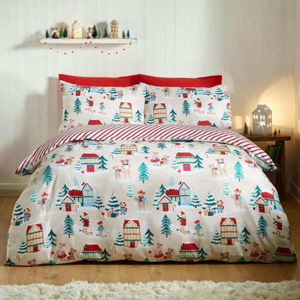 Catherine Lansfield Christmas Mouse Town Reversible Duvet Cover Set Natural