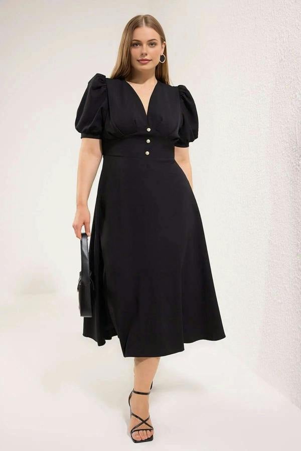 WOVCOR V-Neck Balloon Sleeve Pearl Button Midi Elegant Woven Plus Size Dress
