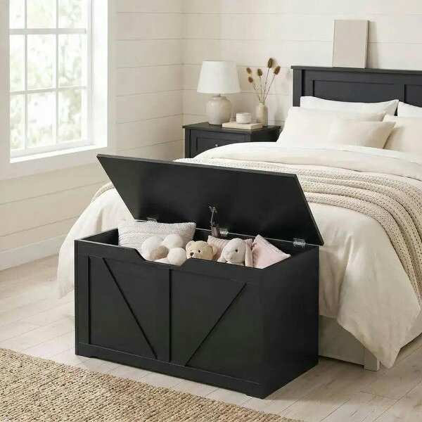 100L Home Storage Box, with Safety Hinge - Black Wood-Effect - Black