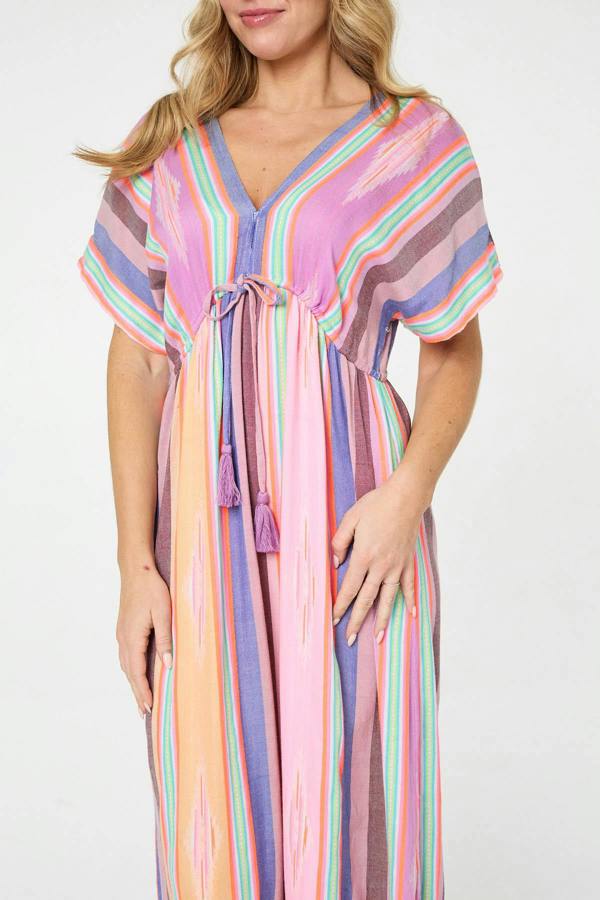 Pink | Striped 1/2 Sleeve Empire Maxi Dress