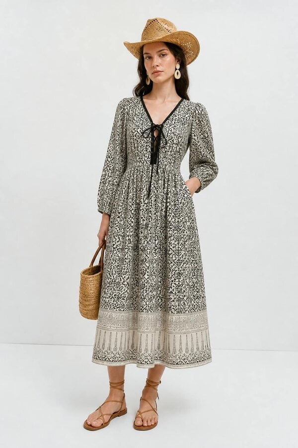 Aria Black and ecru woodblock print midi dress with tie front detail. 100% cotton