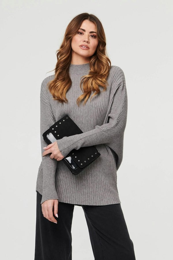 Grey | Striped Texture Batwing Sleeve Jumper
