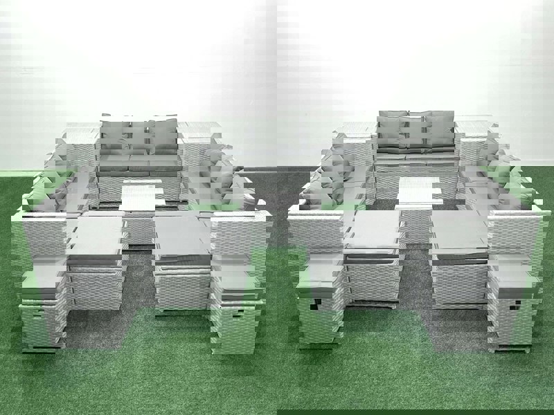 Fimous Garden Outdoor Furniture Set 14 Seater Rattan Sofa Set with 2 Side Tables 4 Footstools Light Grey Mixed