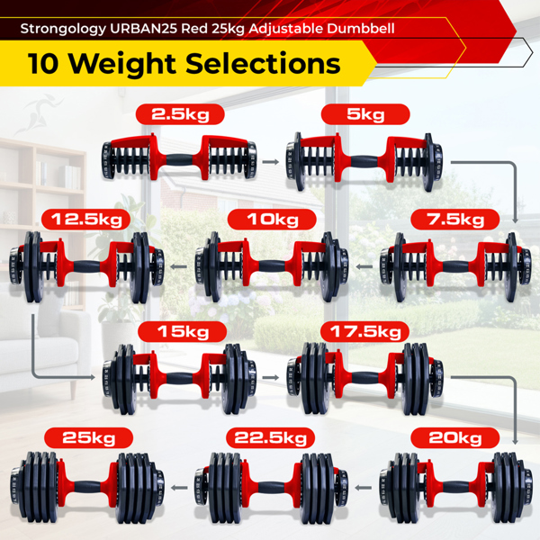 Strongology Urban25 Pair Home Fitness Black Red Adjustable Smart Dumbbells from 2.5kg up to 25kg Training Weights