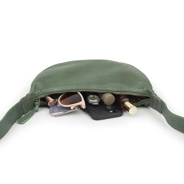 Green Leather Half Moon Bag Washed Cancun 05
